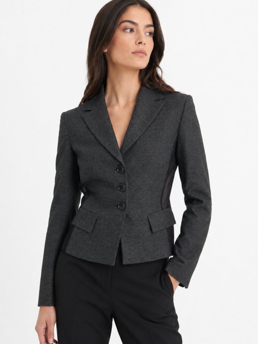 SANDRO FERRONE GREY PLAID BLACK SHEER MESH COMBO PEAK LAPEL BLAZER - S